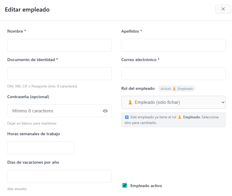 Formulario de edición de empleado con rol y datos