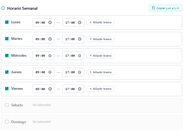Configuración del horario semanal del empleado con tramos horarios por día