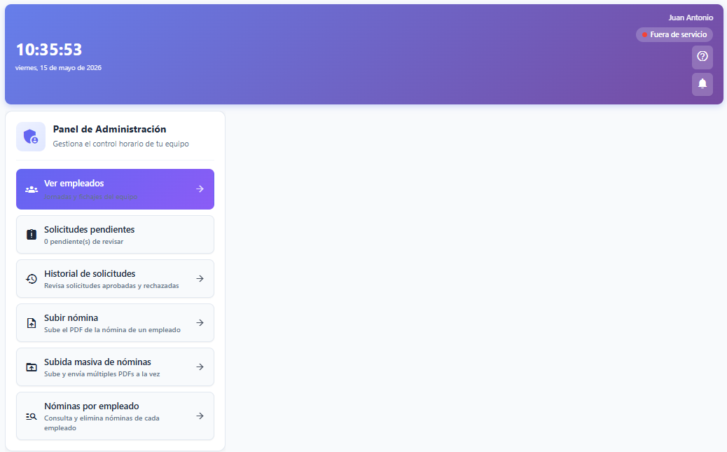 Panel de administración de Mi Zona con acceso a empleados, solicitudes y nóminas