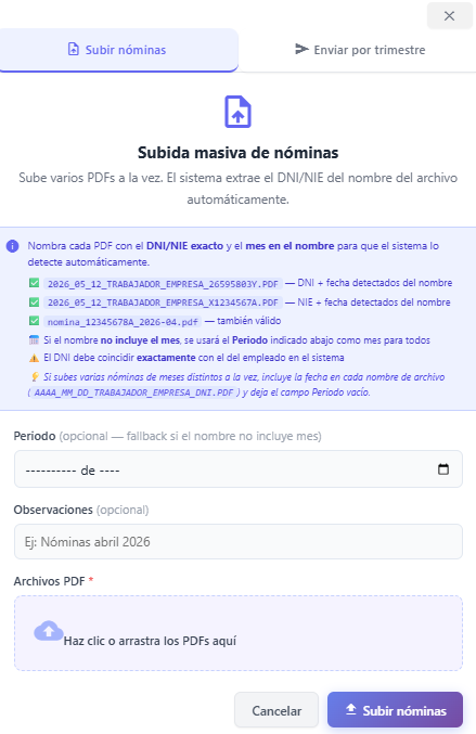 Formulario de subida masiva de nóminas con detección automática por DNI