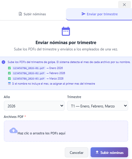 Formulario de envío de nóminas por trimestre con selección de año y trimestre