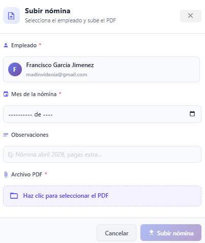 Formulario para subir la nómina PDF de un empleado
