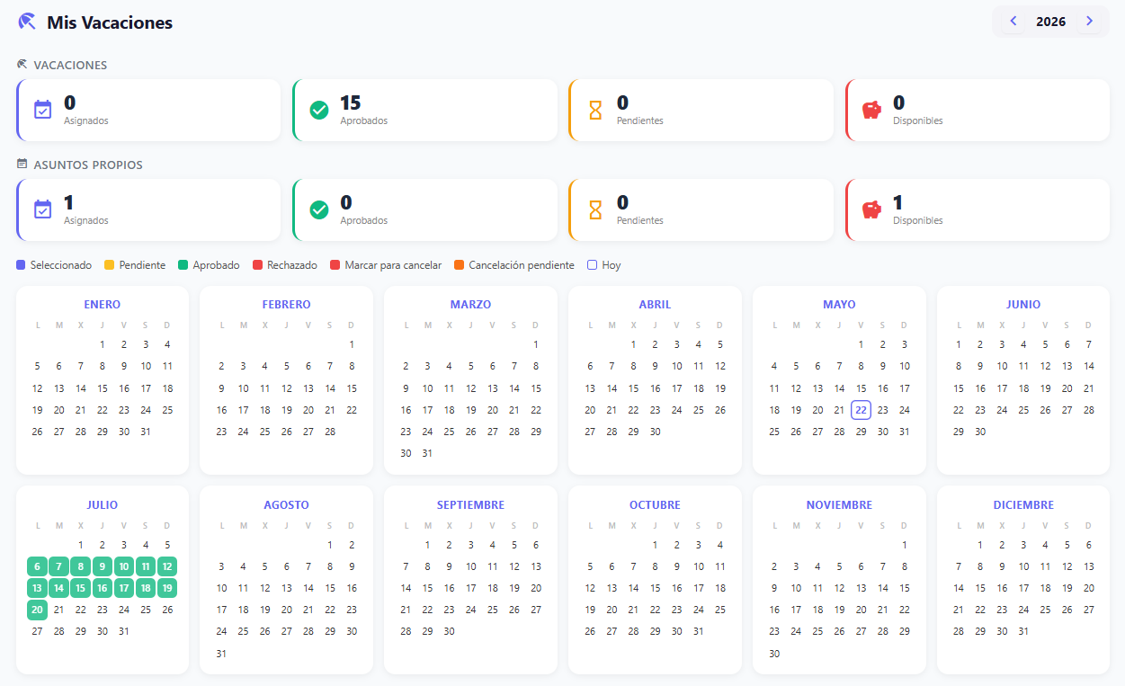 Calendario anual de vacaciones con selección de días y tipos de ausencia