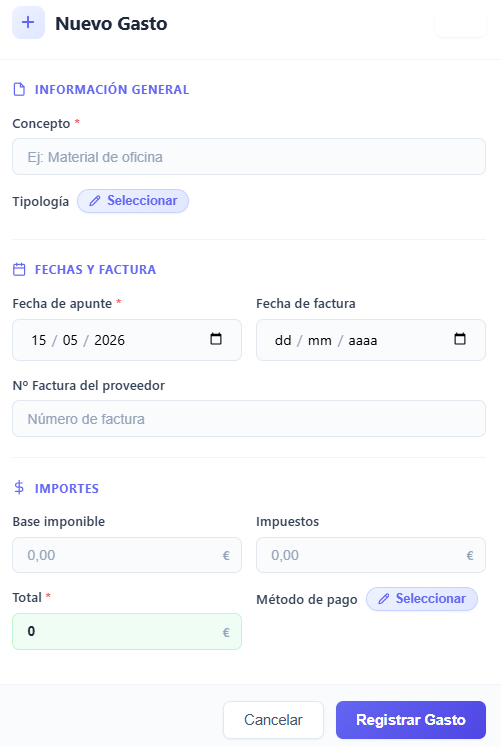 Formulario nuevo gasto en VeriGest