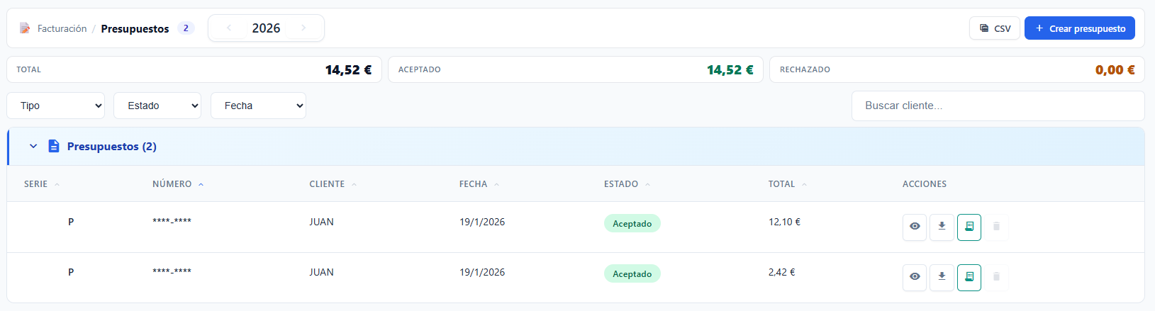 Listado de presupuestos con filtros y estados