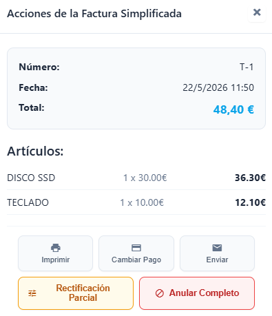 Acciones de la factura simplificada