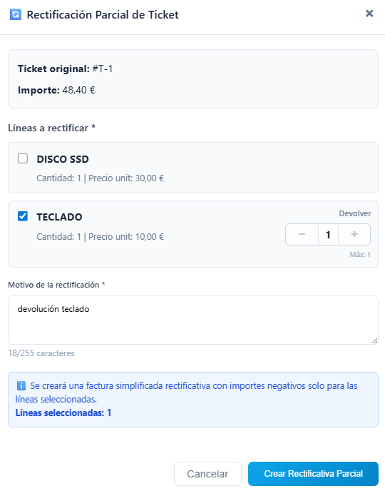 Rectificación parcial de ticket